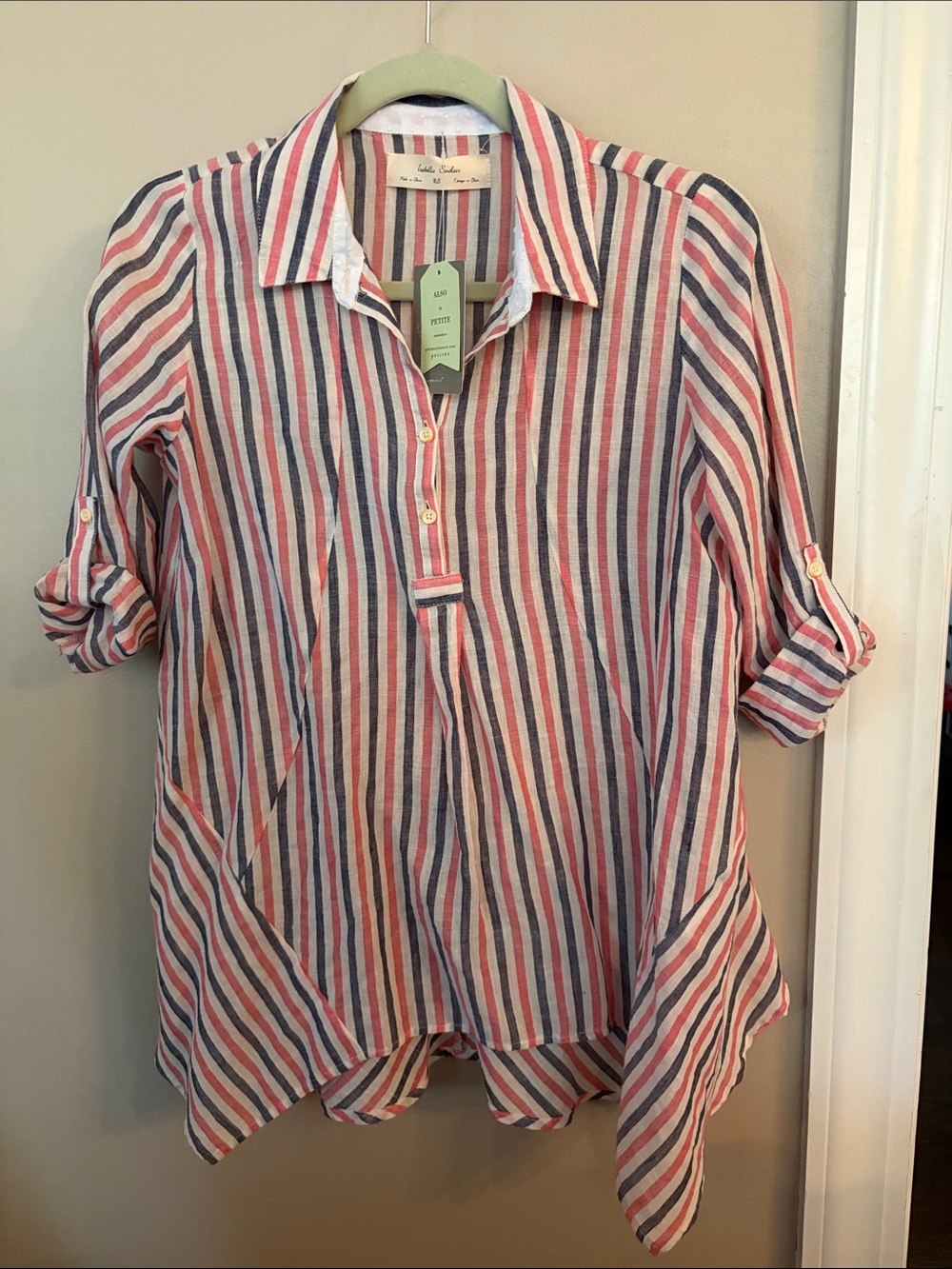 Striped Collared Tunic in Red, Blue & White - Lightweight Roll-Tab Tunic